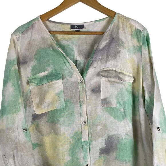 JM Collection Tie-Dye Linen Shirt Size 14 Collarless Button Front - Picture 2 of 9